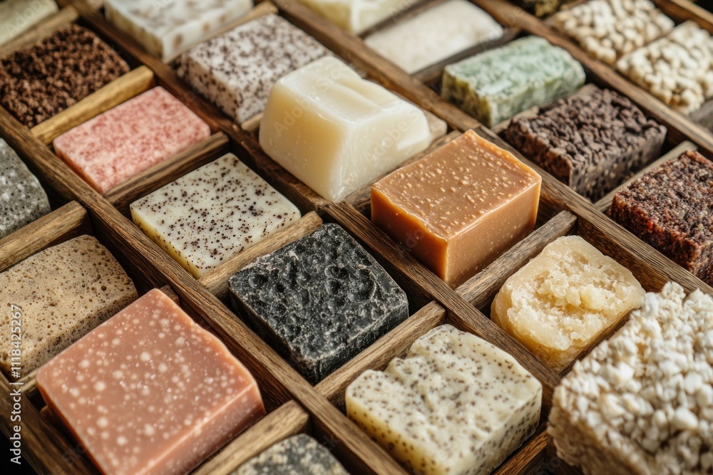 Assorted handmade soaps in wooden box. Assorted handmade soaps in wooden box.