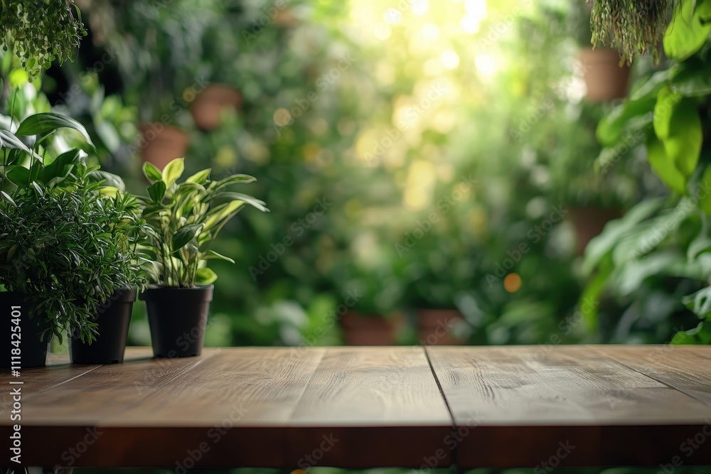 A serene indoor garden scene with potted plants and a wooden table. A serene indoor garden scene with potted plants and a wooden table.