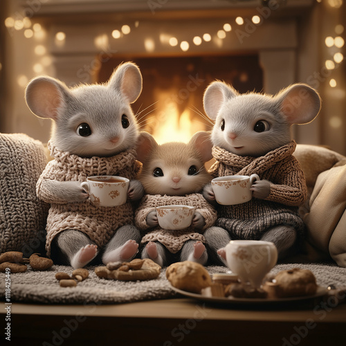 Cartoon-style, a family of mice wearing tiny clothes, sitting together on a couch in their cozy living room, a warm fireplace in the background, soft and inviting atmosphere