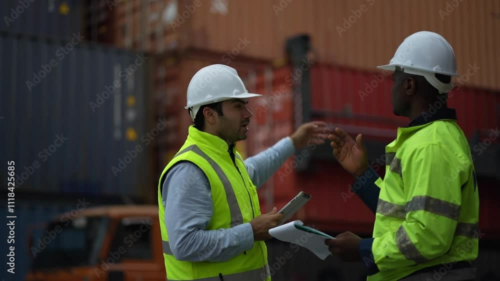 worker or engineer in containers warehouse storage. Men at Port workers directing crane to load cargo containers. Male worker in uniform standing on containers yard. worker or engineer in containers warehouse storage. Men at Port workers directing crane to load cargo containers. Male worker in uniform standing on containers yard.