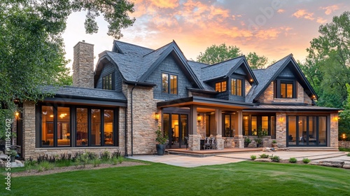 Luxury stone and slate home exterior at sunset with illuminated windows