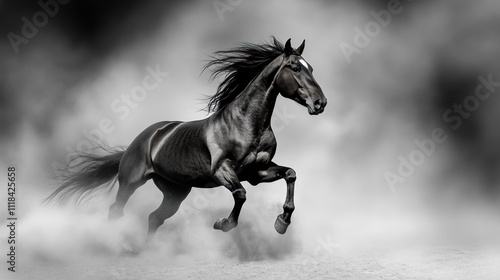 Majestic Black Stallion Running Through Dust Cloud