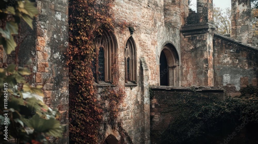 Fototapeta premium Ancient Stone Wall With Gothic Windows And Autumn Ivy