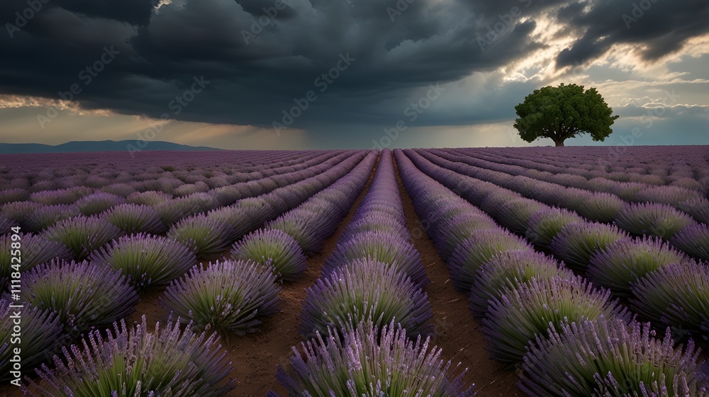 A vast lavender field stretching towards the horizon A vast lavender field stretching towards the horizon