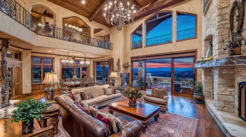 Luxurious Mountain Home Living Room Sunset View