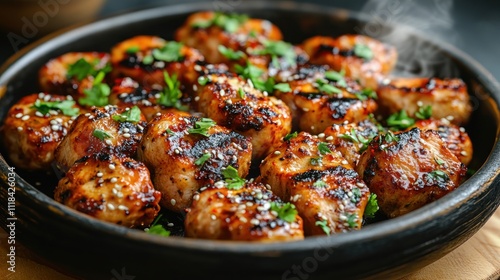 Roasted chicken bites in a dark pan, garnished with fresh herbs and sesame seeds.