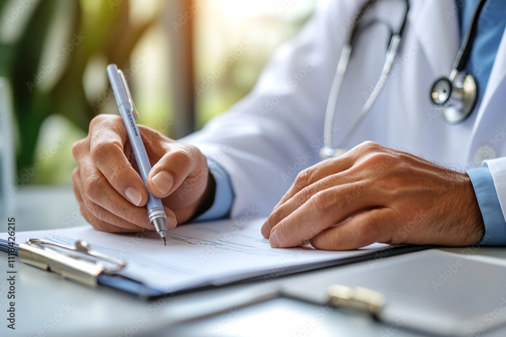 Doctor in white coat writing medical notes with pen Doctor in white coat writing medical notes with pen