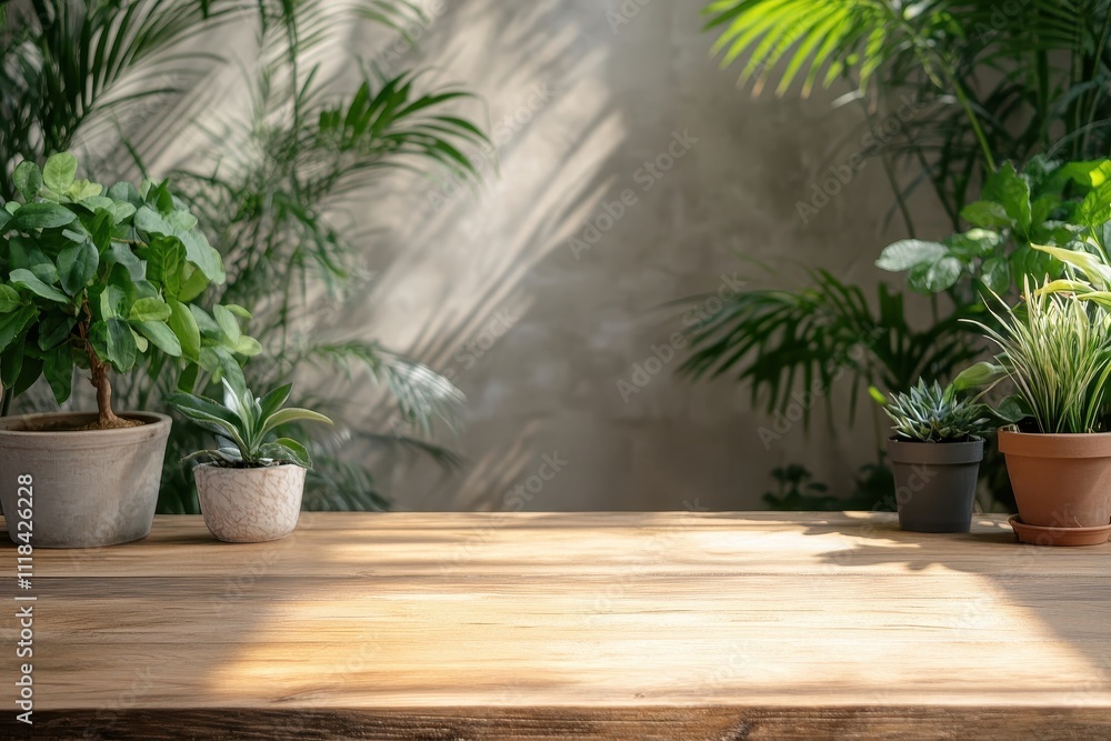 A serene indoor space with various potted plants on a wooden table, illuminated by sunlight. A serene indoor space with various potted plants on a wooden table, illuminated by sunlight.
