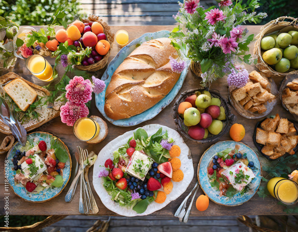 Elegant summer brunch setup with fresh fruits and vibrant flowers. Generative AI Elegant summer brunch setup with fresh fruits and vibrant flowers. Generative AI