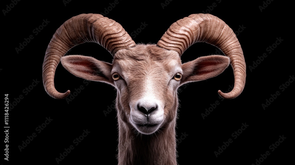 The Ram's Gaze: Intense, captivating portrait of a majestic ram with large spiraling horns, staring directly at the viewer against a dramatic black background. The Ram's Gaze: Intense, captivating portrait of a majestic ram with large spiraling horns, staring directly at the viewer against a dramatic black background.