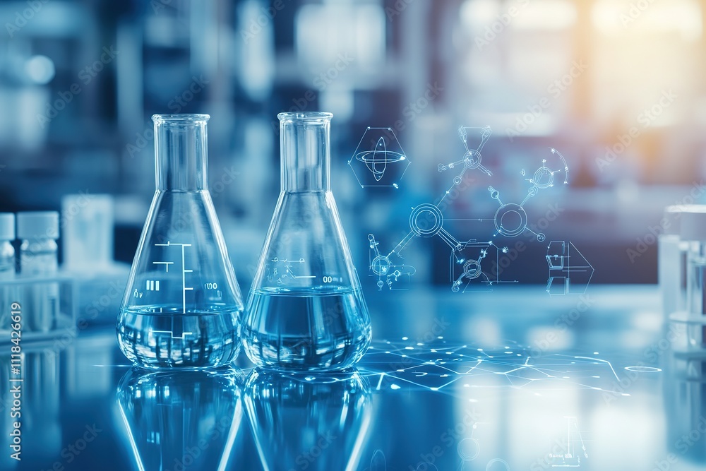 Modern laboratory with flasks and molecular structure holograms Modern laboratory with flasks and molecular structure holograms