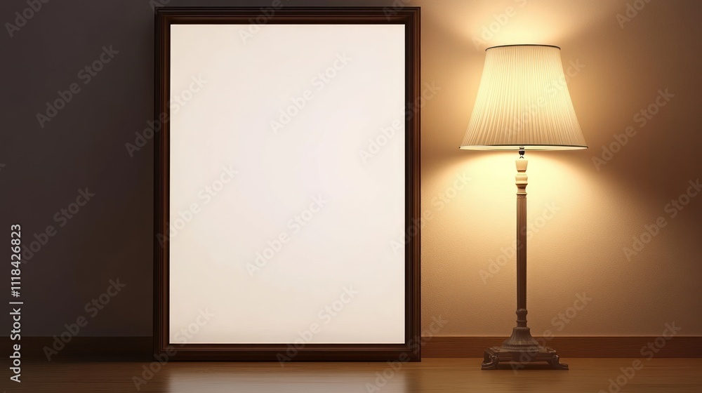 Blank Frame Beside Illuminated Floor Lamp In Room Blank Frame Beside Illuminated Floor Lamp In Room