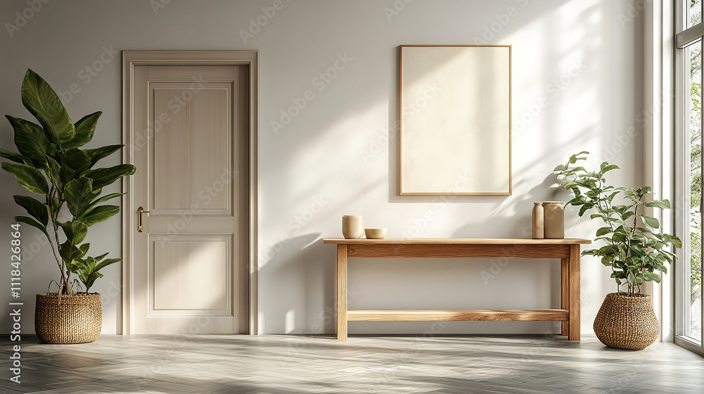 Elegant Modern Entrance Hall with Wooden Console Table and Sleek Door Design Elegant Modern Entrance Hall with Wooden Console Table and Sleek Door Design
