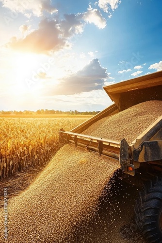 Sunny Harvest: Combine Unloading Grain into Truck Amidst Golden Crops photo