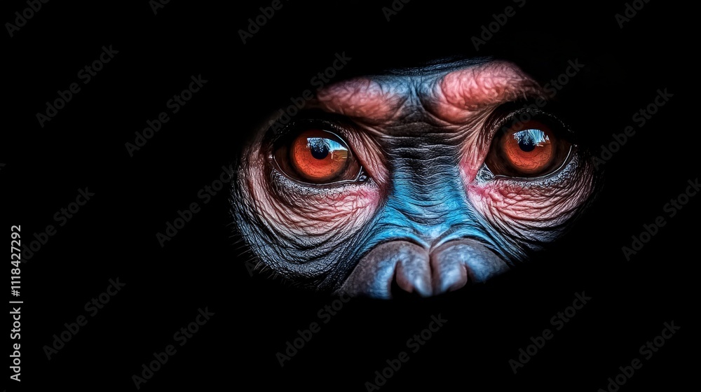 The Gaze of a Bonobo: A captivating close-up portrait of a bonobo's intense, inquisitive gaze, framed against a dark background, revealing the depth and intelligence of this remarkable primate. The Gaze of a Bonobo: A captivating close-up portrait of a bonobo's intense, inquisitive gaze, framed against a dark background, revealing the depth and intelligence of this remarkable primate.