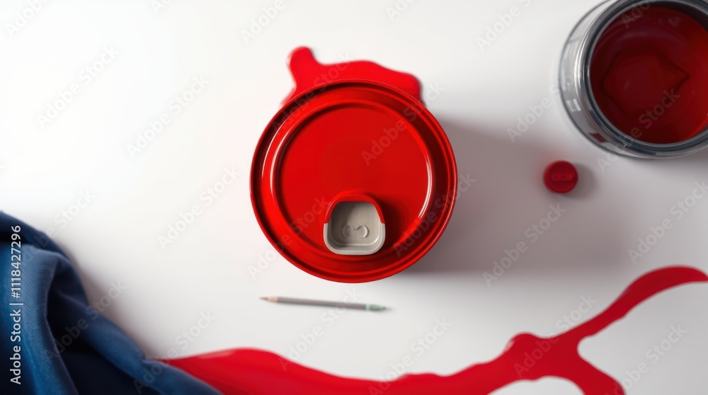 Backdrop photo of Top view of a red paint can isolated on a white backdrop with space for added elements in the image copy space available background design conveys emotion Backdrop photo of Top view of a red paint can isolated on a white backdrop with space for added elements in the image copy space available background design conveys emotion