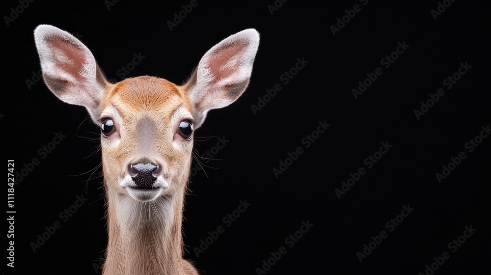 Fawn Portrait: A captivating portrait of a young deer with large, expressive eyes, set against a dark backdrop. The fawn's delicate features and curious gaze create a sense of wonder and innocence. Fawn Portrait: A captivating portrait of a young deer with large, expressive eyes, set against a dark backdrop. The fawn's delicate features and curious gaze create a sense of wonder and innocence.