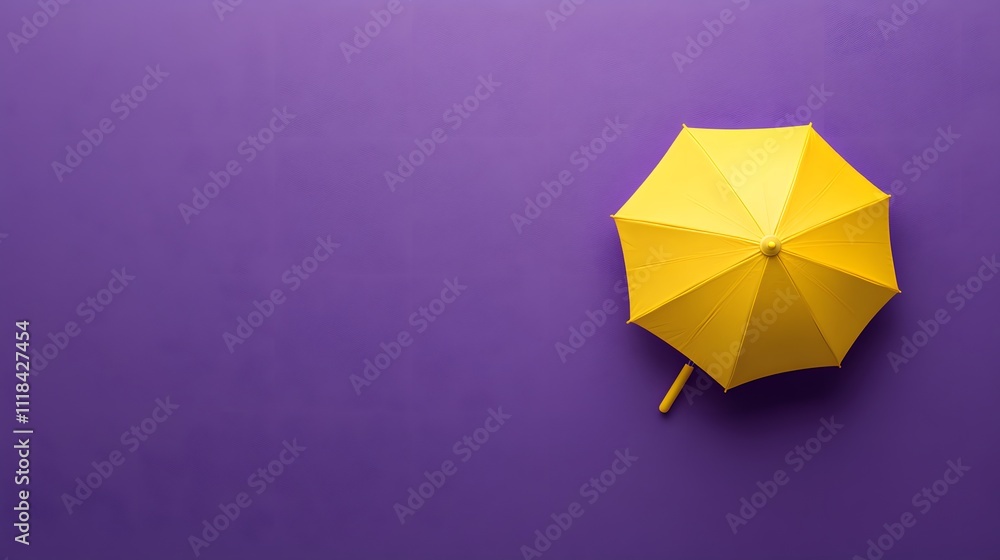 A purple background with one yellow umbrella standing out from the crowd, symbolizing a unique personality and irony A purple background with one yellow umbrella standing out from the crowd, symbolizing a unique personality and irony