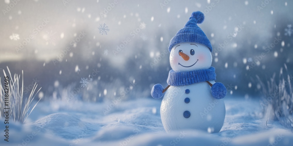 Cheerful snowman wearing a blue knitted hat and scarf in a snowy field with falling snowflakes and a soft winter sunset in the background Cheerful snowman wearing a blue knitted hat and scarf in a snowy field with falling snowflakes and a soft winter sunset in the background