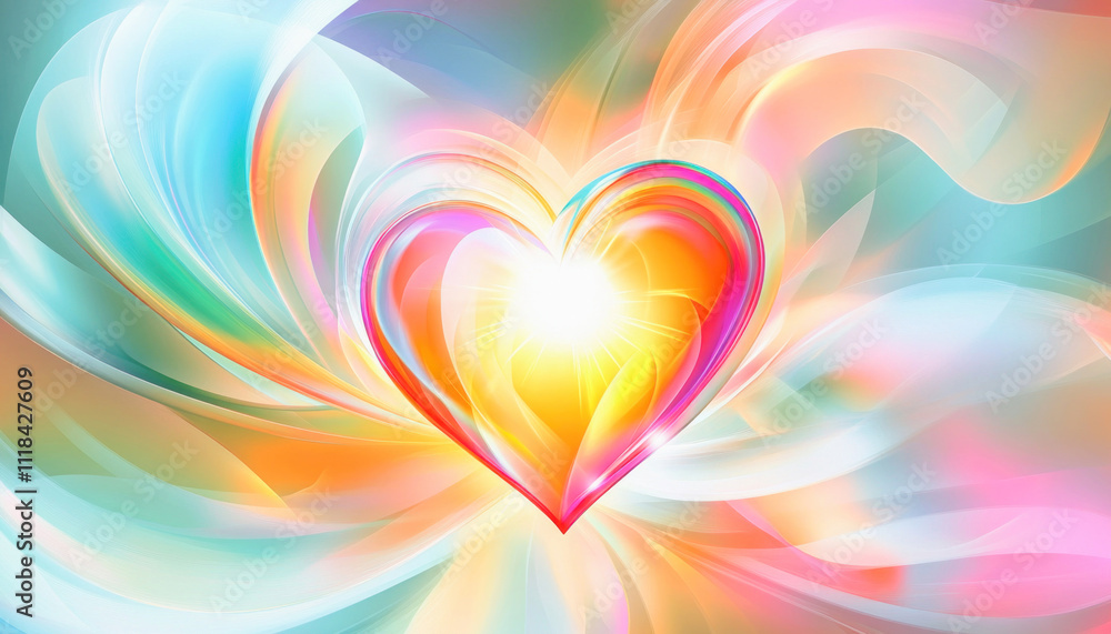 Glowing heart spreading light and love in a colorful abstract background