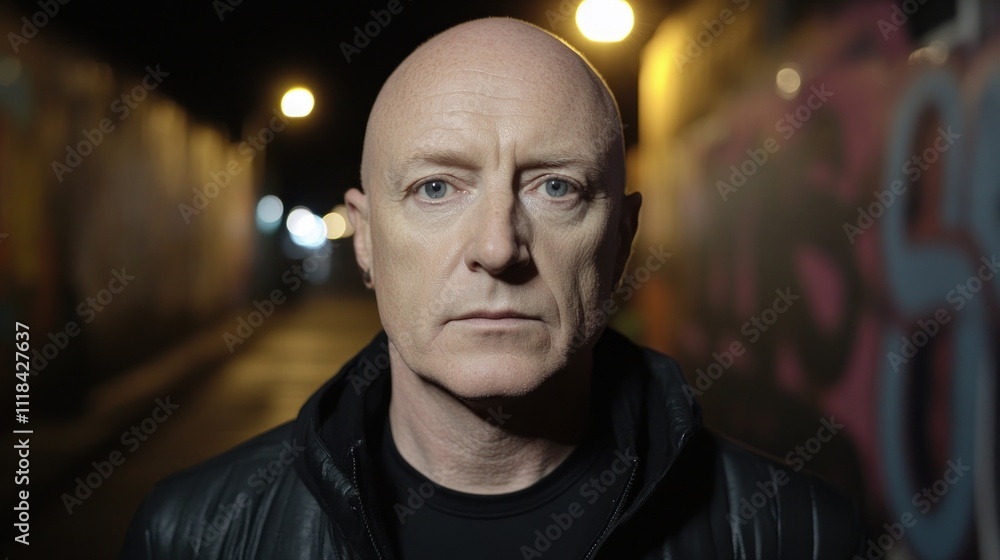 Bald Man Wearing Black Jacket Stands In Alleyway Bald Man Wearing Black Jacket Stands In Alleyway