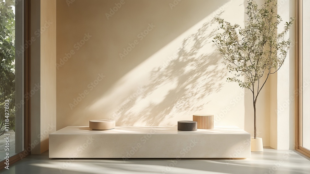 Minimalist sunlit interior with potted plant and subtle shadows Minimalist sunlit interior with potted plant and subtle shadows