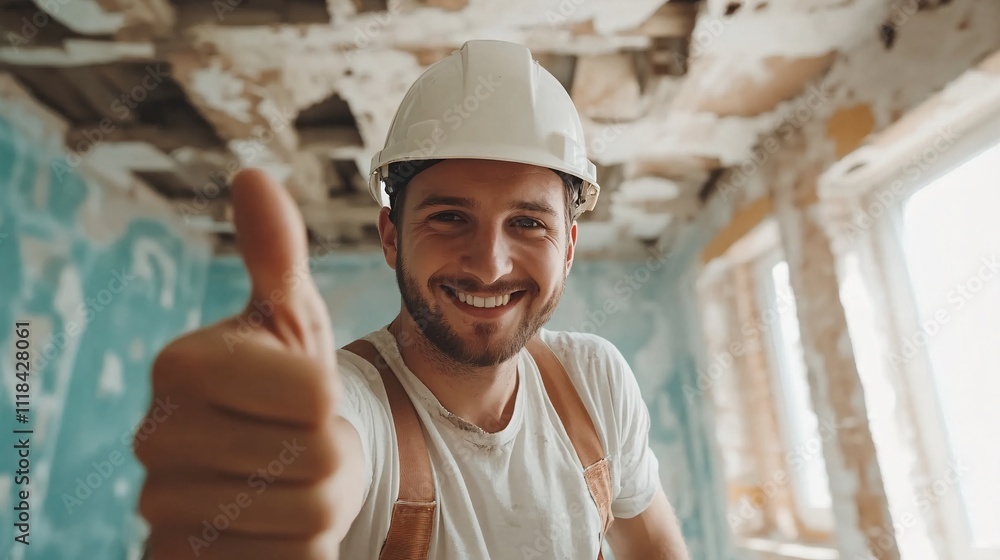 Smiling contractor gesturing thumbs up during home renovation project Smiling contractor gesturing thumbs up during home renovation project