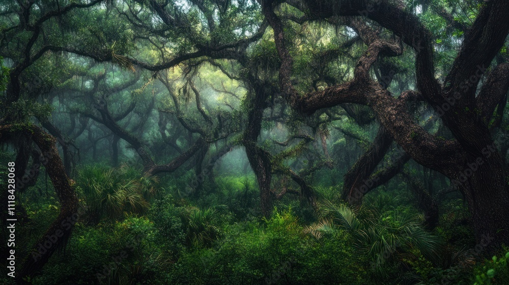 Mysterious Foggy Forest With Ancient Twisted Trees Mysterious Foggy Forest With Ancient Twisted Trees