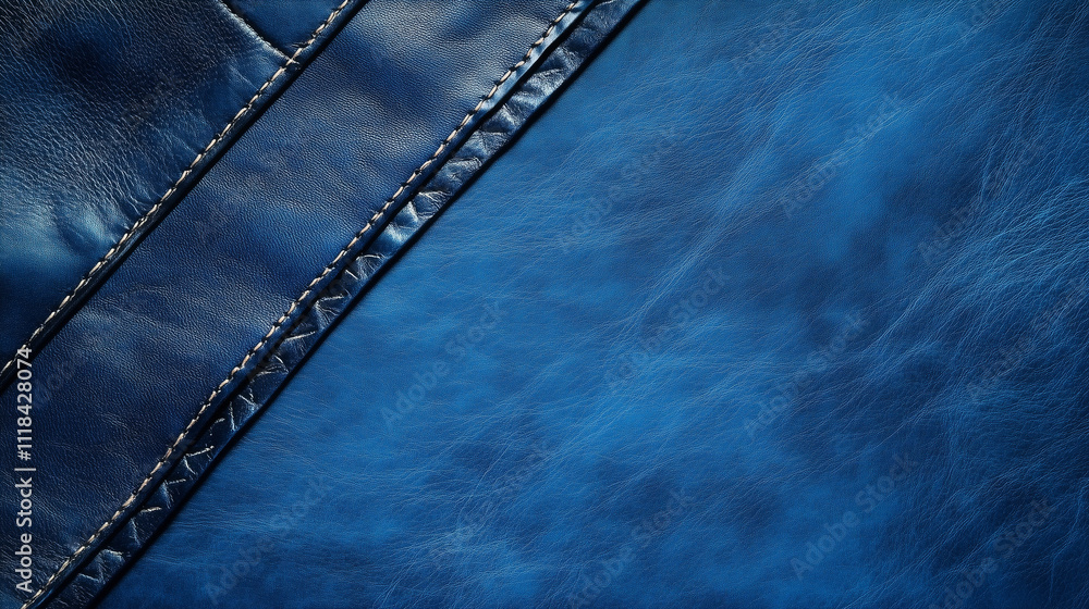 Close-up of textured blue leather with intricate stitching along the edge. Flat lay background
Close-up of textured blue leather with intricate stitching along the edge. Flat lay background