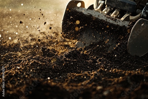 Powerful Tiller Machine in Action: Close-Up of Blades Churning Rich Soil for Planting photo