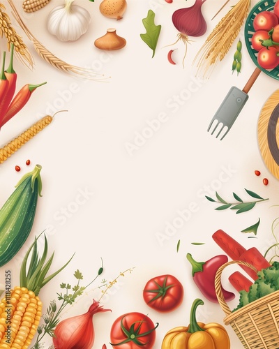 A colorful frame of fresh, ripe vegetables and fruit, including tomatoes, peppers, onions, carrots, cucumbers, apples, and oranges, perfect for healthy vegetarian diets