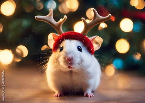 cute hamster wearing antler headbands sits in front of a glowing Christmas tree