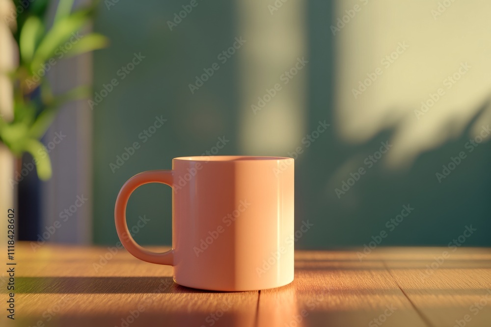 Sunlit beige mug on wooden table with soft green background Sunlit beige mug on wooden table with soft green background