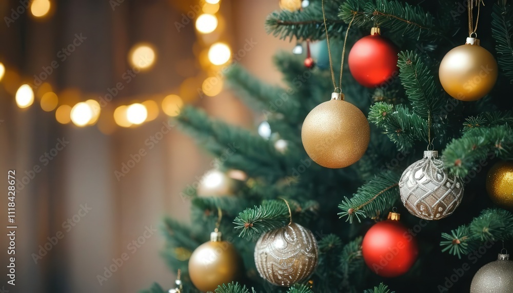 Happy holidays with Christmas tree, balls, golden tinsel confetti and snowflakes on background Happy holidays with Christmas tree, balls, golden tinsel confetti and snowflakes on background