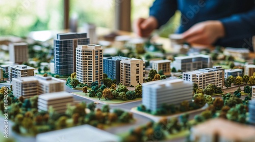 Fototapeta Naklejka Na Ścianę i Meble -  Architect designing buildings and roads in a miniature model city