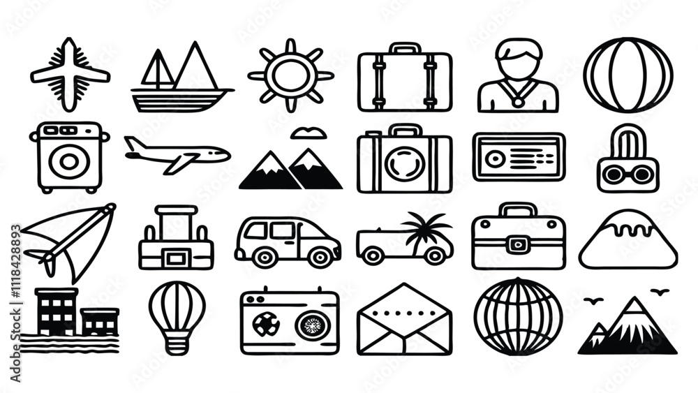 Naklejka premium Travel & Adventure related icon editable stroke outline set of different types small icons isolated on white background flat vector illustration