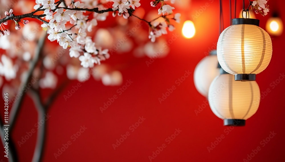 A decorative scene featuring lanterns and cherry blossoms on a red background. A decorative scene featuring lanterns and cherry blossoms on a red background.