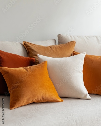 Cozy arrangement of orange and white velvet cushions on beige sofa