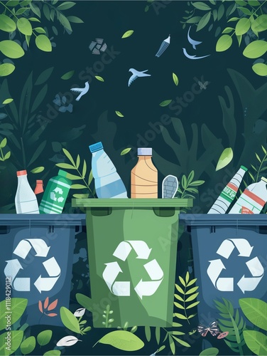 an impactful template on waste reduction and recycling, featuring bins, arrows, and eco-friendly product illustrations 