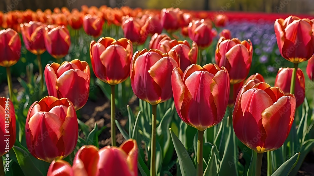Fototapeta premium background, flower, summer, nature, spring, garden, Red Tulip flower in tulip field at spring day. Colorful vivid pink tulips in the park. Spring landscape. Red tulip garden in spring. The Tulip. Beau