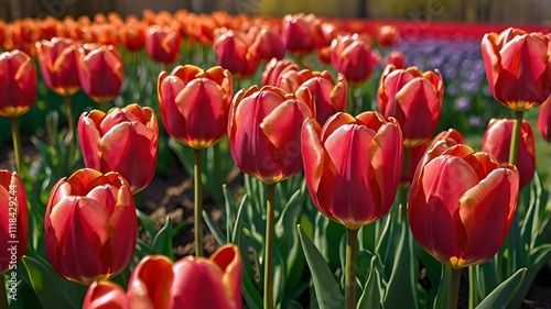 background, flower, summer, nature, spring, garden, Red Tulip flower in tulip field at spring day. Colorful vivid pink tulips in the park. Spring landscape. Red tulip garden in spring. The Tulip. Beau photo