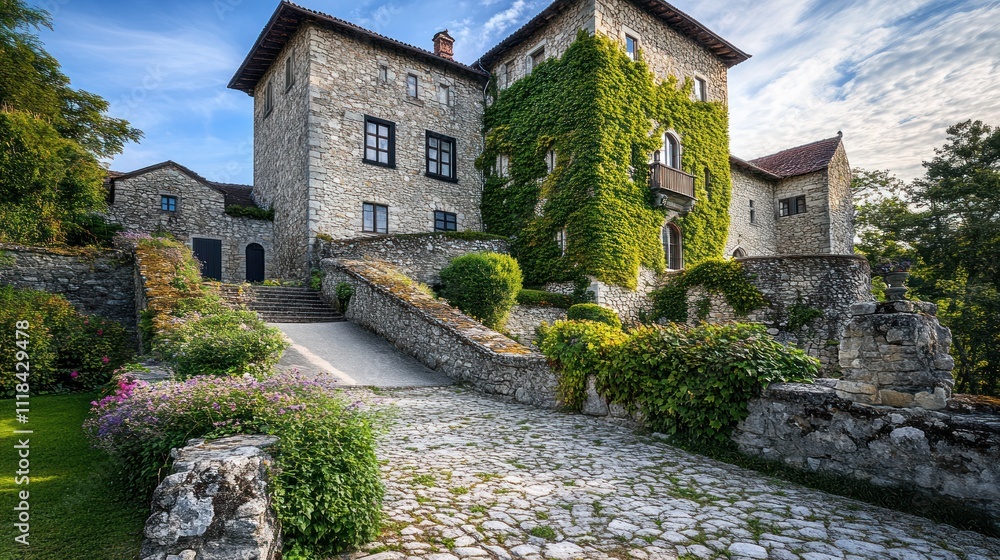 Stone Castle Overgrown With Lush Green Ivy Plants Stone Castle Overgrown With Lush Green Ivy Plants