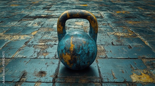 Rusted kettlebell on a weathered wooden floor. photo