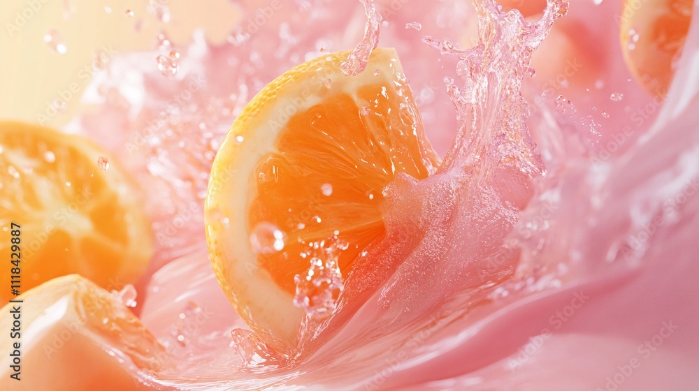 Orange slices splashing into pink liquid creating refreshing wave Orange slices splashing into pink liquid creating refreshing wave