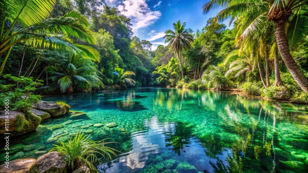 An oasis in the jungle with crystal-clear water and green plants. An oasis in the jungle with crystal-clear water and green plants.