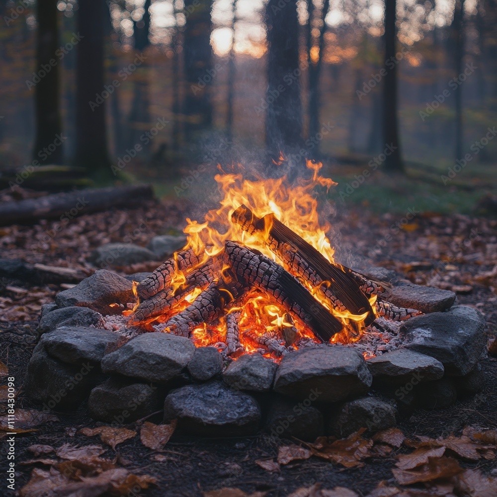 Naklejka premium A warm campfire surrounded by stones in a tranquil forest setting during twilight.