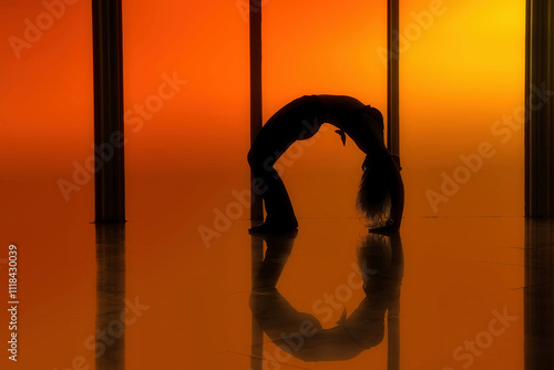girl does yoga pose on the roof of a sludgy skyscraper at sunset 