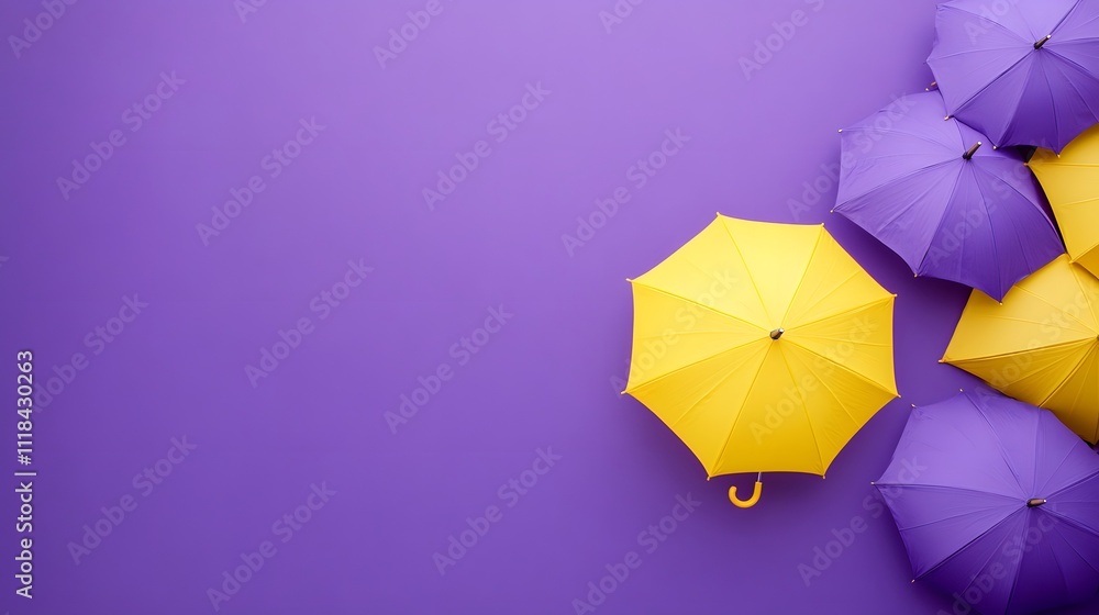 A purple background with one yellow umbrella standing out from the crowd, symbolizing a unique personality and irony A purple background with one yellow umbrella standing out from the crowd, symbolizing a unique personality and irony