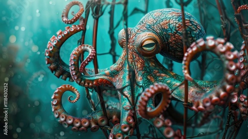 a clever octopus in a cage, with a mysterious design and a beautiful ocean background photo