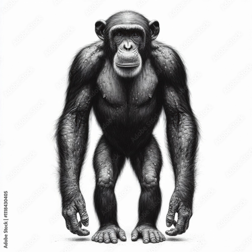 Fototapeta premium Illustration Pencil Sketch of a Chimpanzee Walking on All Fours in a Realistic Style 